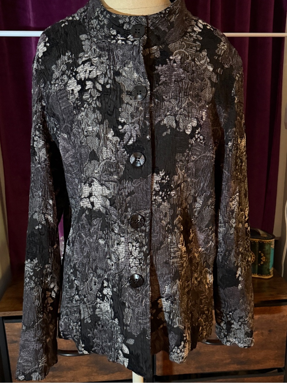 Chico's Black and Gray Floral Jacquard Button Jacket
